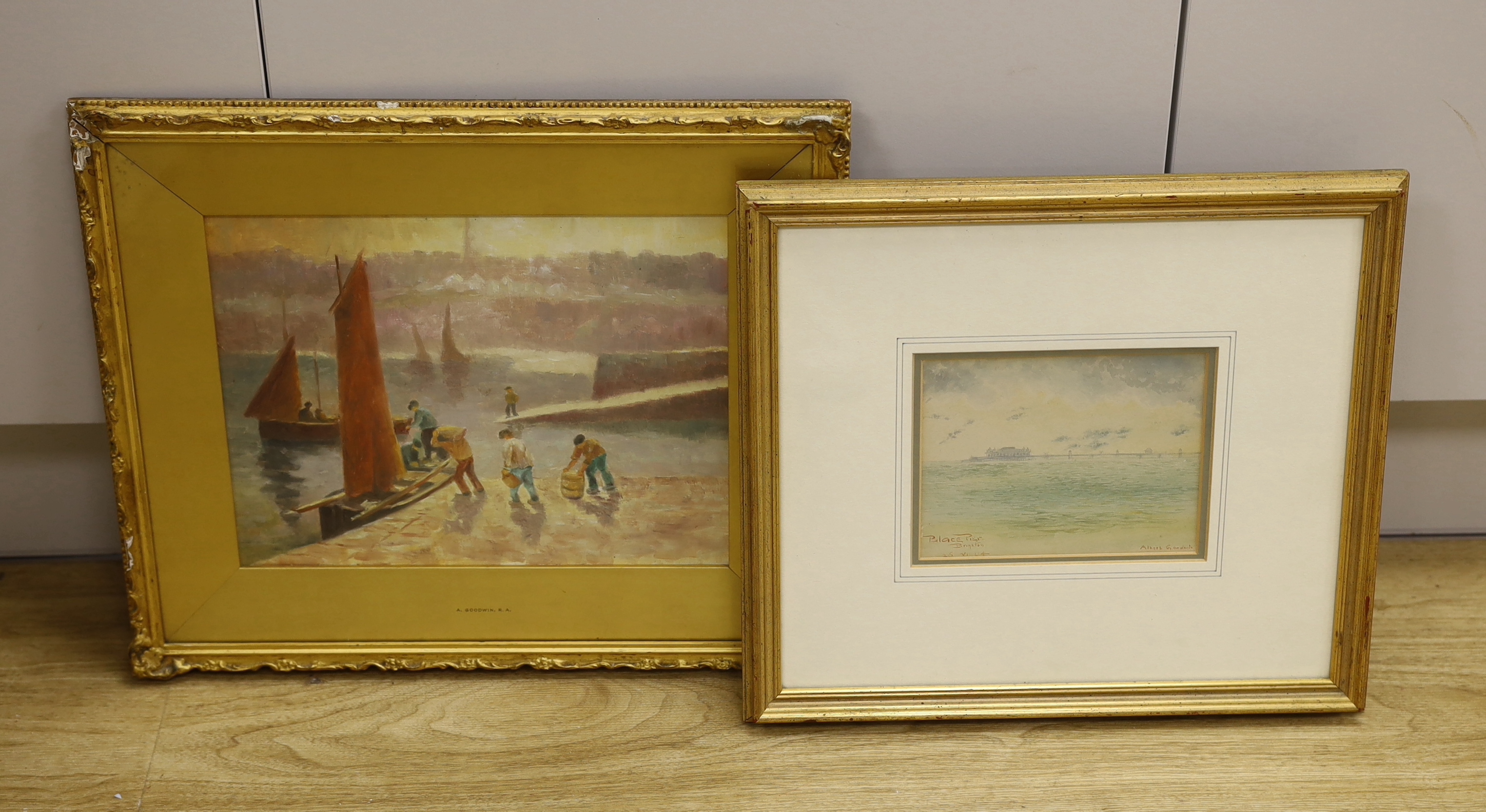 Albert Goodwin (1845-1932), watercolour, 'Palace Pier, Brighton', signed and dated ‘16.VI.04', 15cm x 12cm and Circle of Albert Goodwin (1845-1932) Newlyn School, oil, Harbour scene with figures and boats, 28cm x 22cm